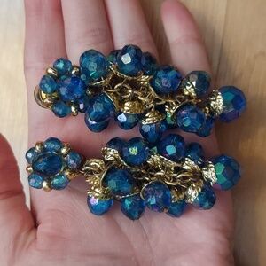 Vintage Blue Iridescent Beaded Clip-On Earrings With Gold Metal Detail